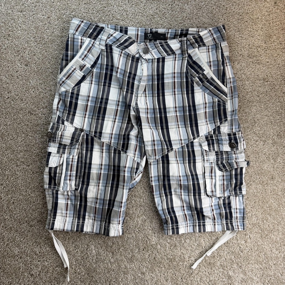 Fried Denim Cargo Shorts Mens 34 Blue Plaid Cotton Drawstring Pockets Casual